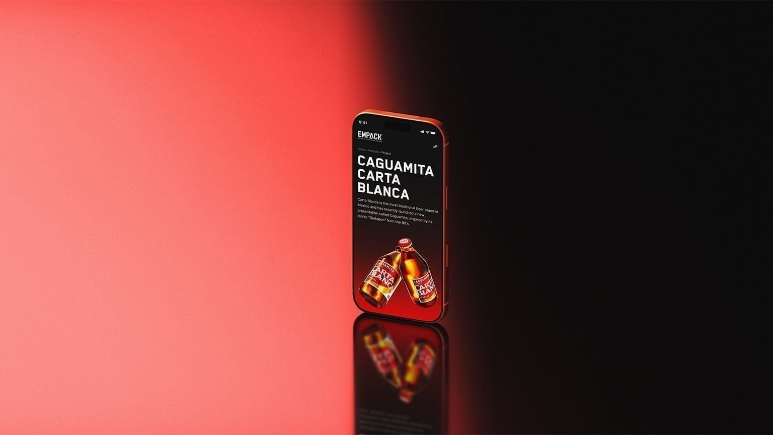 Empack mobile homepage hero with Carta Blanca campaign on a smartphone mockup.
