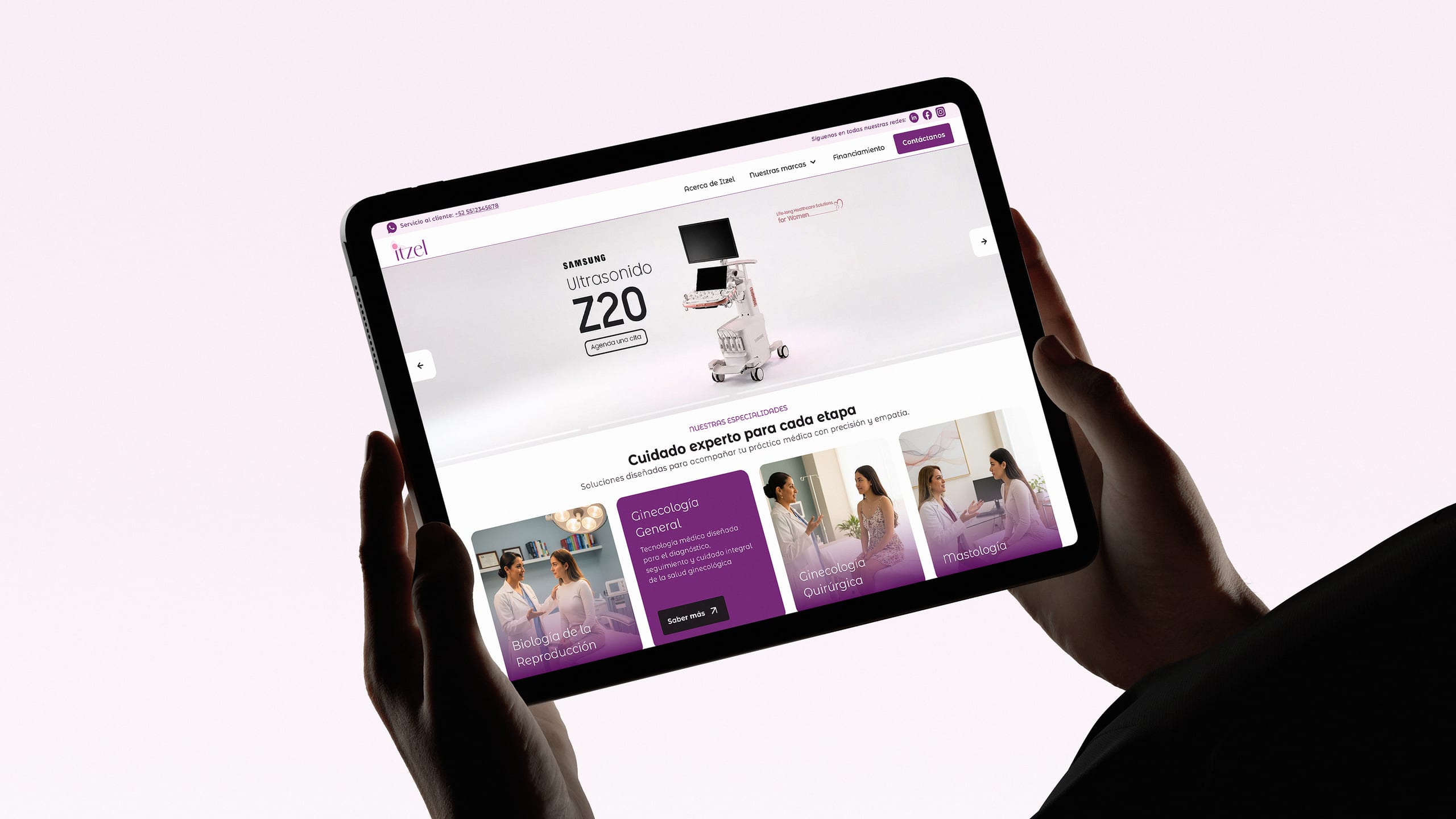 Woman in profile holding a tablet displaying the Itzel women's health platform against a soft pink background.