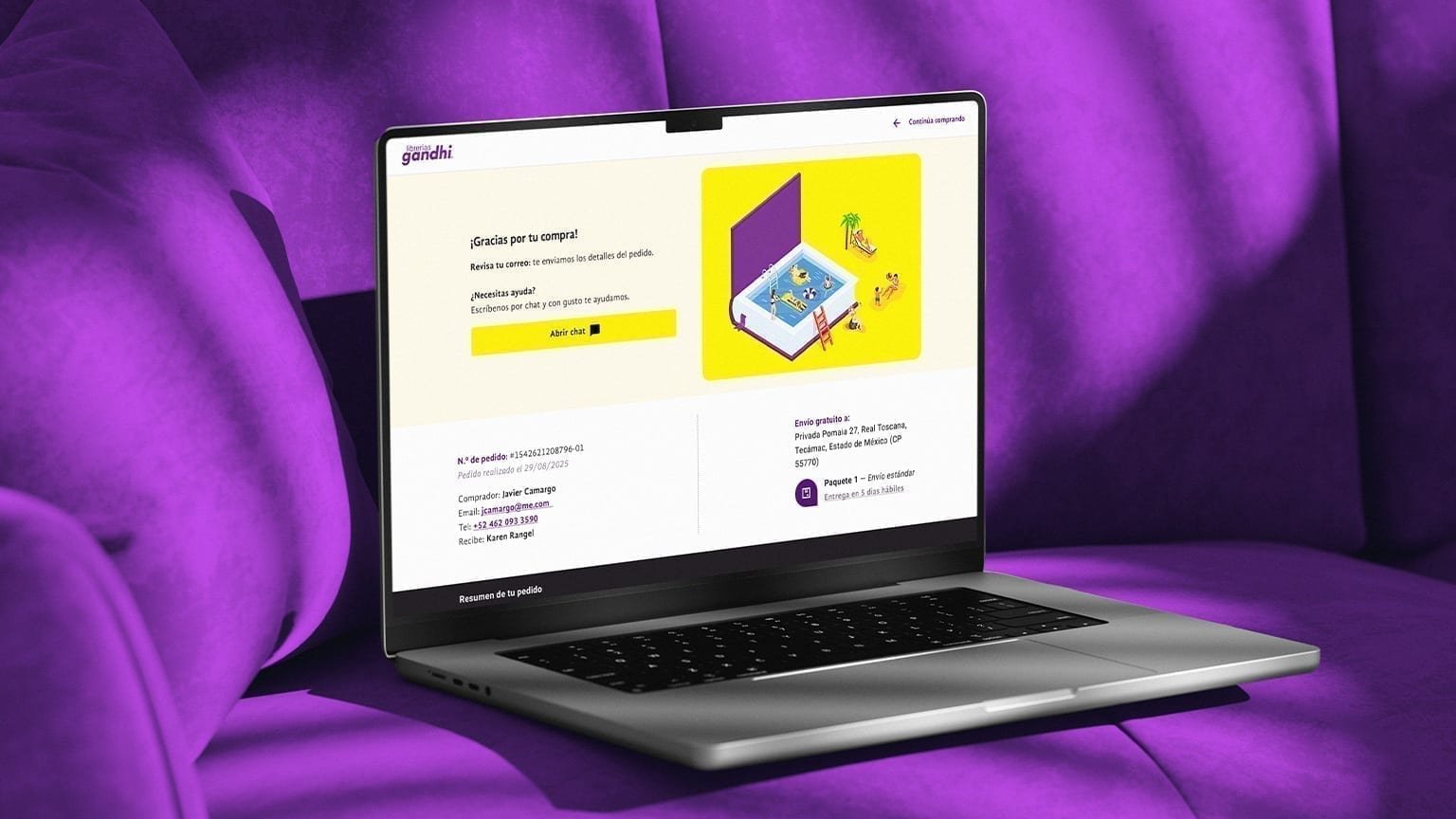 Librerías Gandhi order confirmation on a laptop against purple velvet fabric.