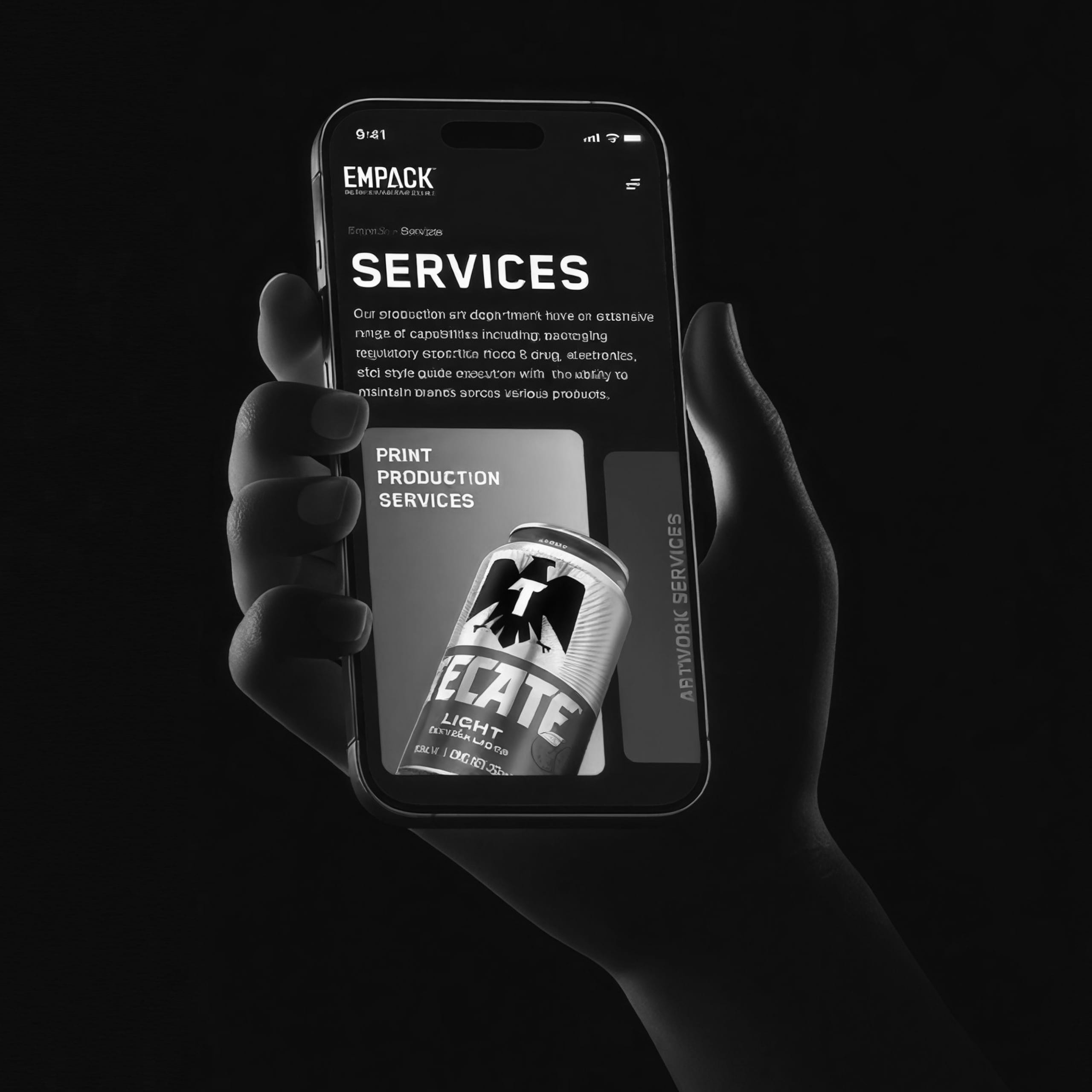 Hand holding a smartphone that shows a services dashboard over a dark workspace.