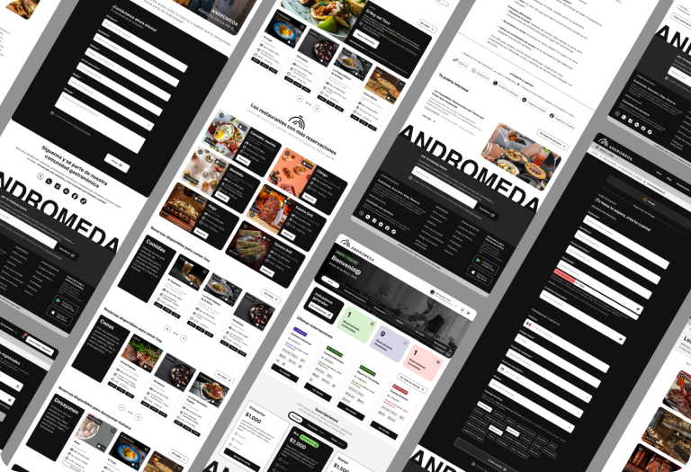 Andromeda — collage of reservation flows, dashboard, and forms.
