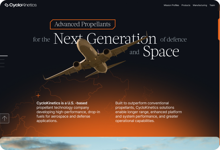 CycloKinetics — brand landing: dark hero with aircraft, marketing copy, and rounded transition into sky.