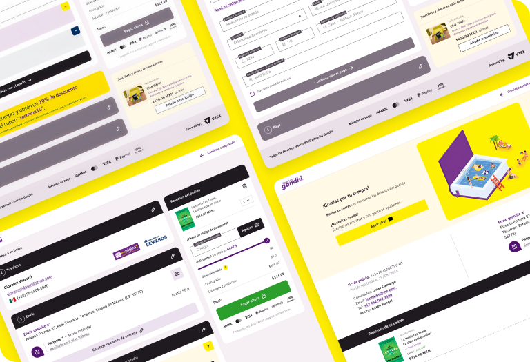 Librerías Gandhi — mobile collage of checkout, cart, payment, and order confirmation (VTEX).