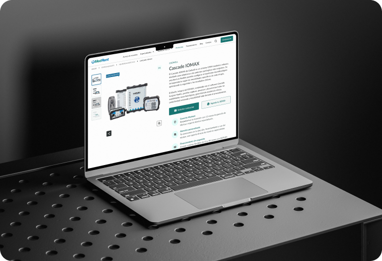 MedRent — CADWELL Cascade IOMAX product detail page on laptop mock over perforated metal.