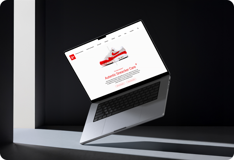 The Clean Industry — sneaker care website mockup on laptop.