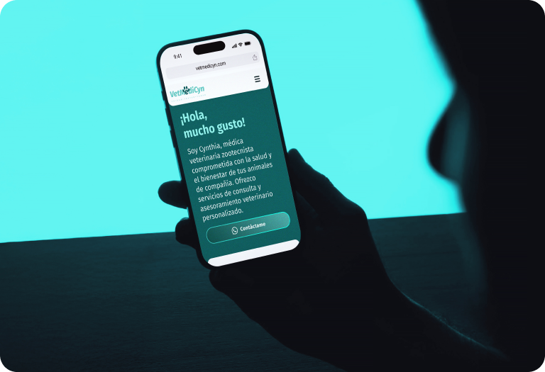 Vetmedicyn — landing page on smartphone mockup with luminous backdrop.